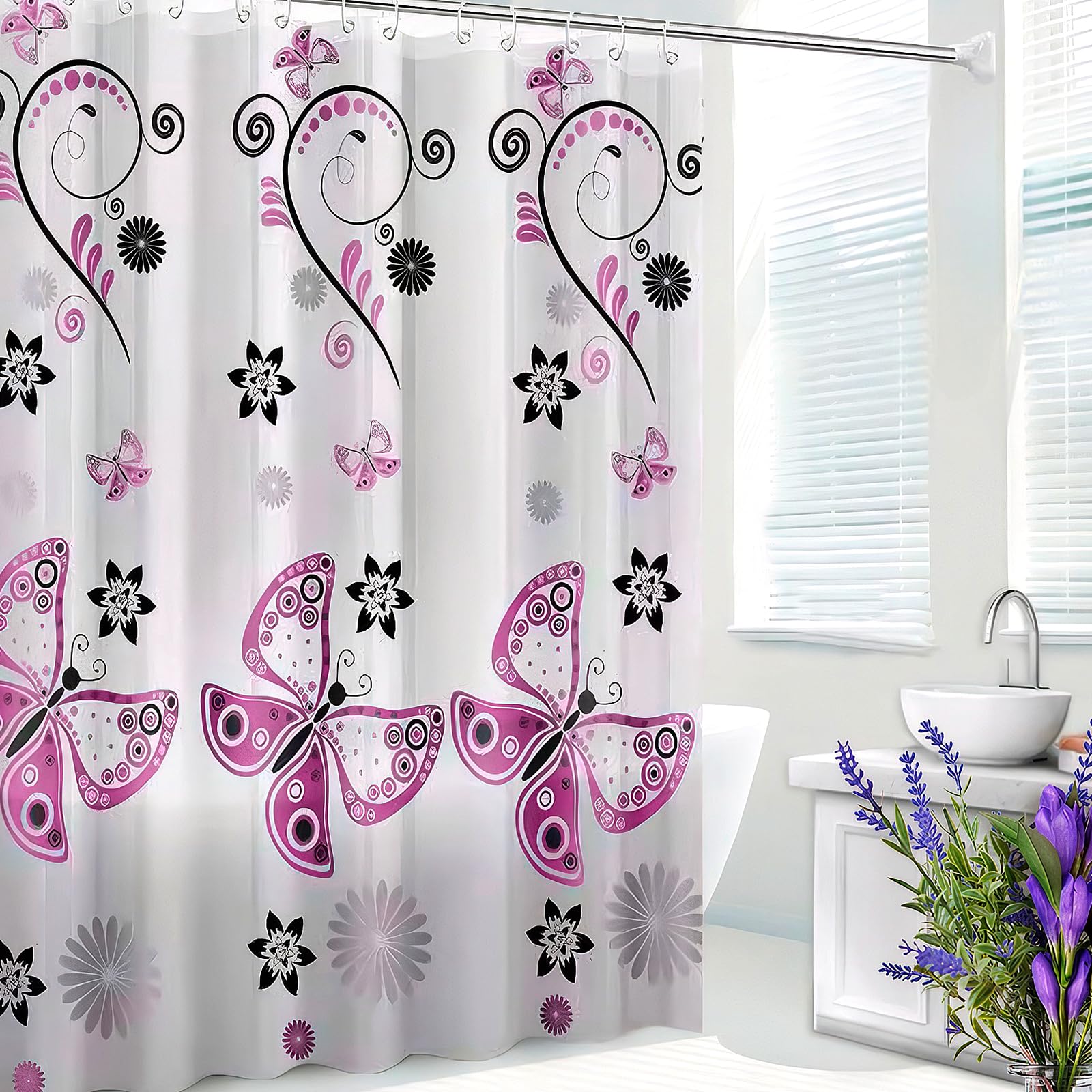 Adorila Waterproof Fabric Shower Curtain, 71"x71" Washable Purple Butterfly Shower Curtain, Bath Curtain with Metal Grommet and Hooks