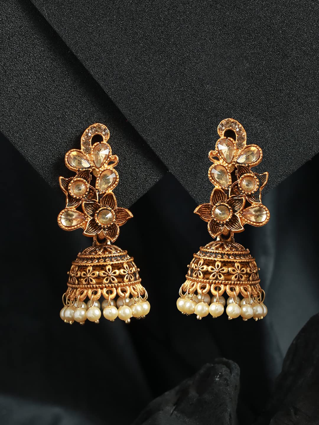 Studded Floral Pearl Plated Jhumka Earrings