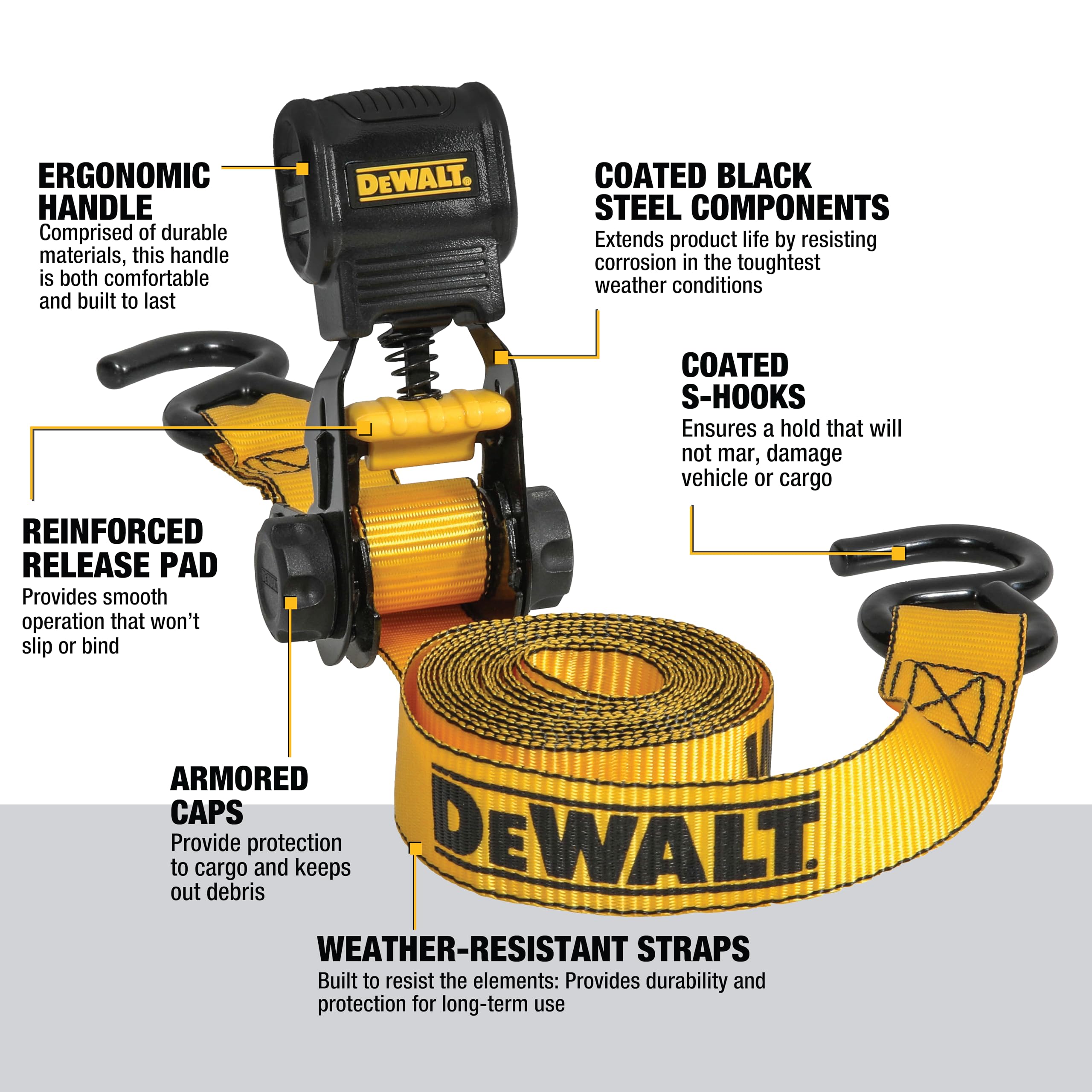 DEWALT DXBC15006X - Cinghia di fissaggio a cricchetto, 2,5 cm x 2,5 m, carico di lavoro sicuro 226,8 kg, resistenza alla rottura 0,7 kg, confezione da 6