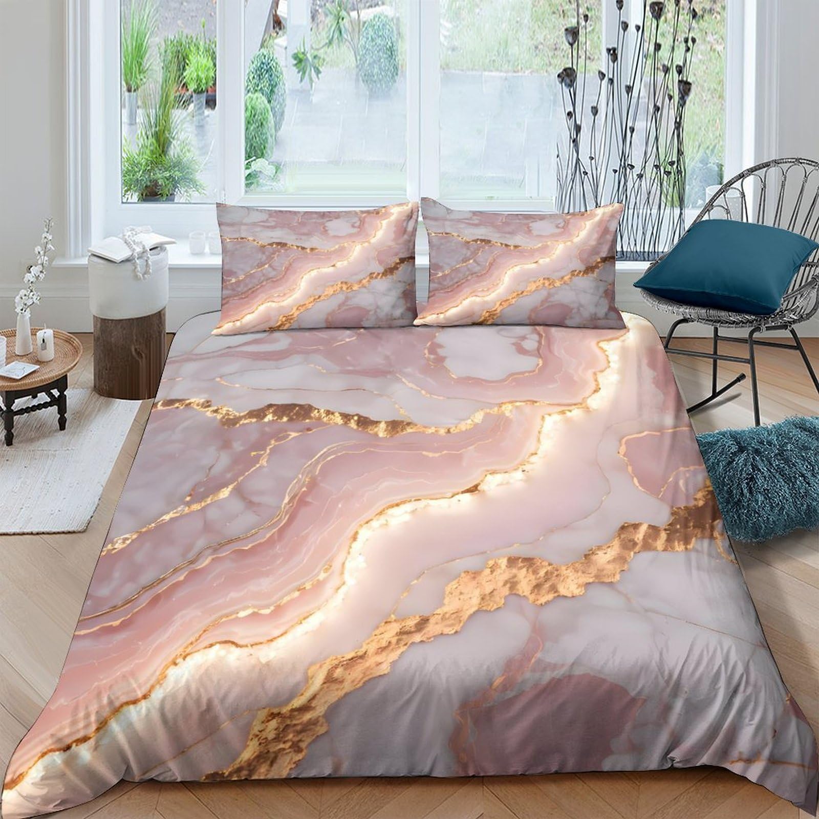 Ctjqhvkz Style-7 3D Printed Marble Vein Fitted Sheet Microfiber Soft Pink Gold Geometric Bed Cover For Bedroom Guestroom Decor Single（135X200cm）