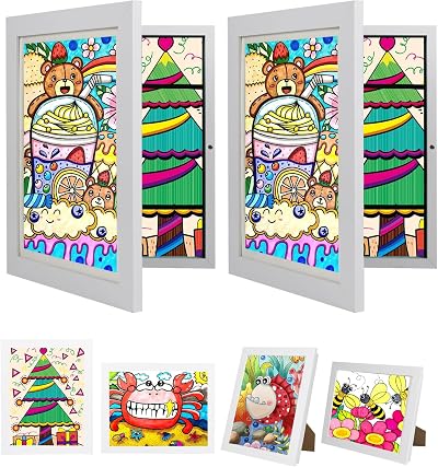 2Pack Kids Art Frame,Kids Artwork Picture Frame Front Opening Holds 150 Paintings,8.5x11 White Rows Childrens Art Frame,Picture Frame for Display Kid Art Work with Storage