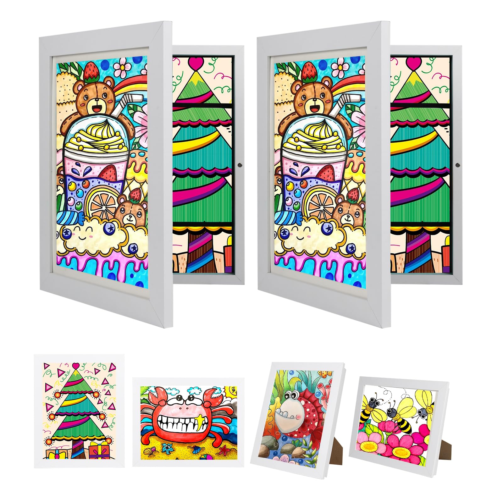 wesellcan 2 Stück Bilderrahmen Kinderzeichnungen A4,Bilderrahmen Aufklappbar für Kinderbilder,Frontöffnung Phoframe für Kunstwerke,Ideal für Kinderzeichnungen,Kunstprojekte,mit Aufbewahrung(Weiß)