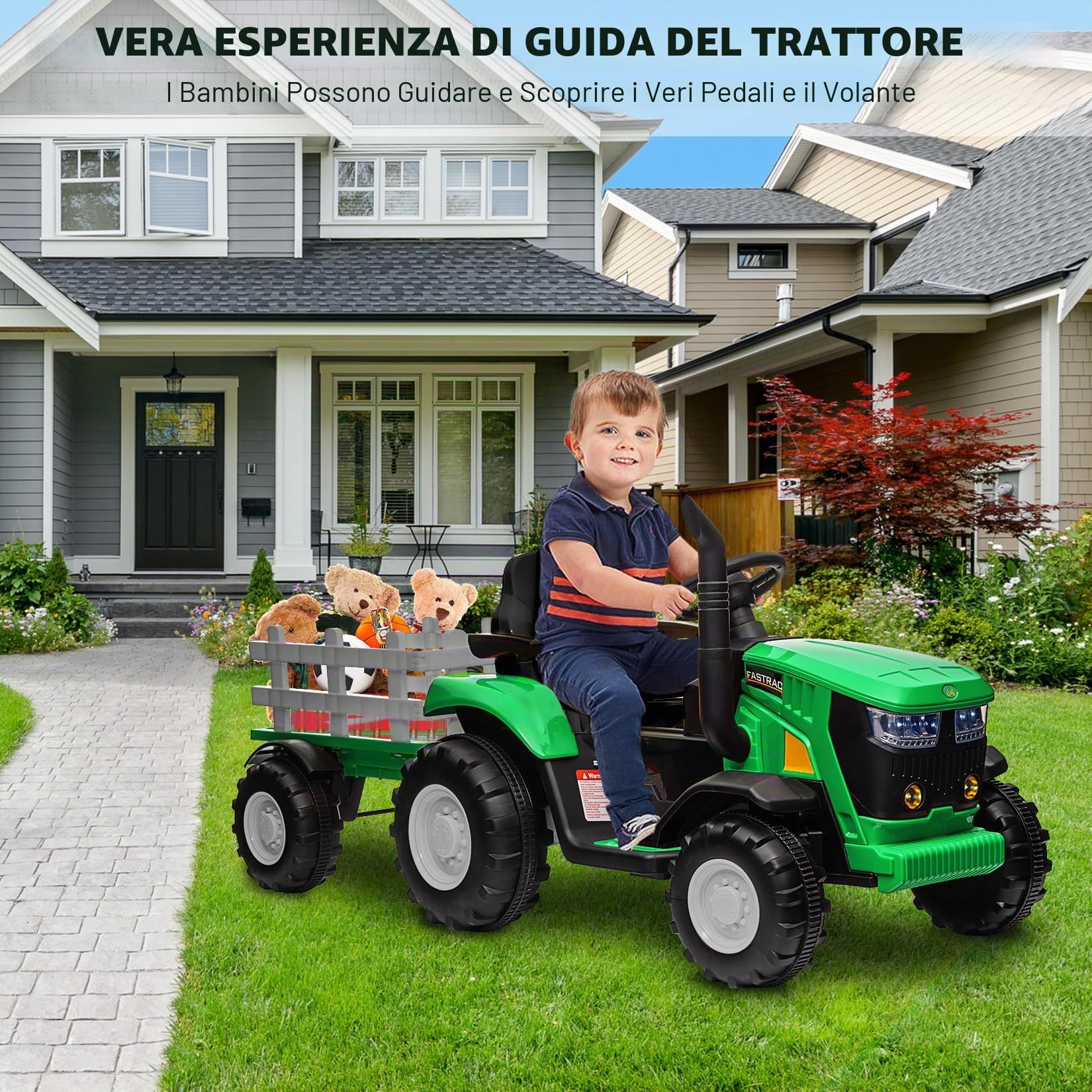 Trattore elettrico per bambini con rimorchio rimovibile doppio motore 35 W, auto elettrica 12 V a 6 pneumatici per bambini con telecomando, musica, 3 velocità, 7 LED, clacson (Verde)