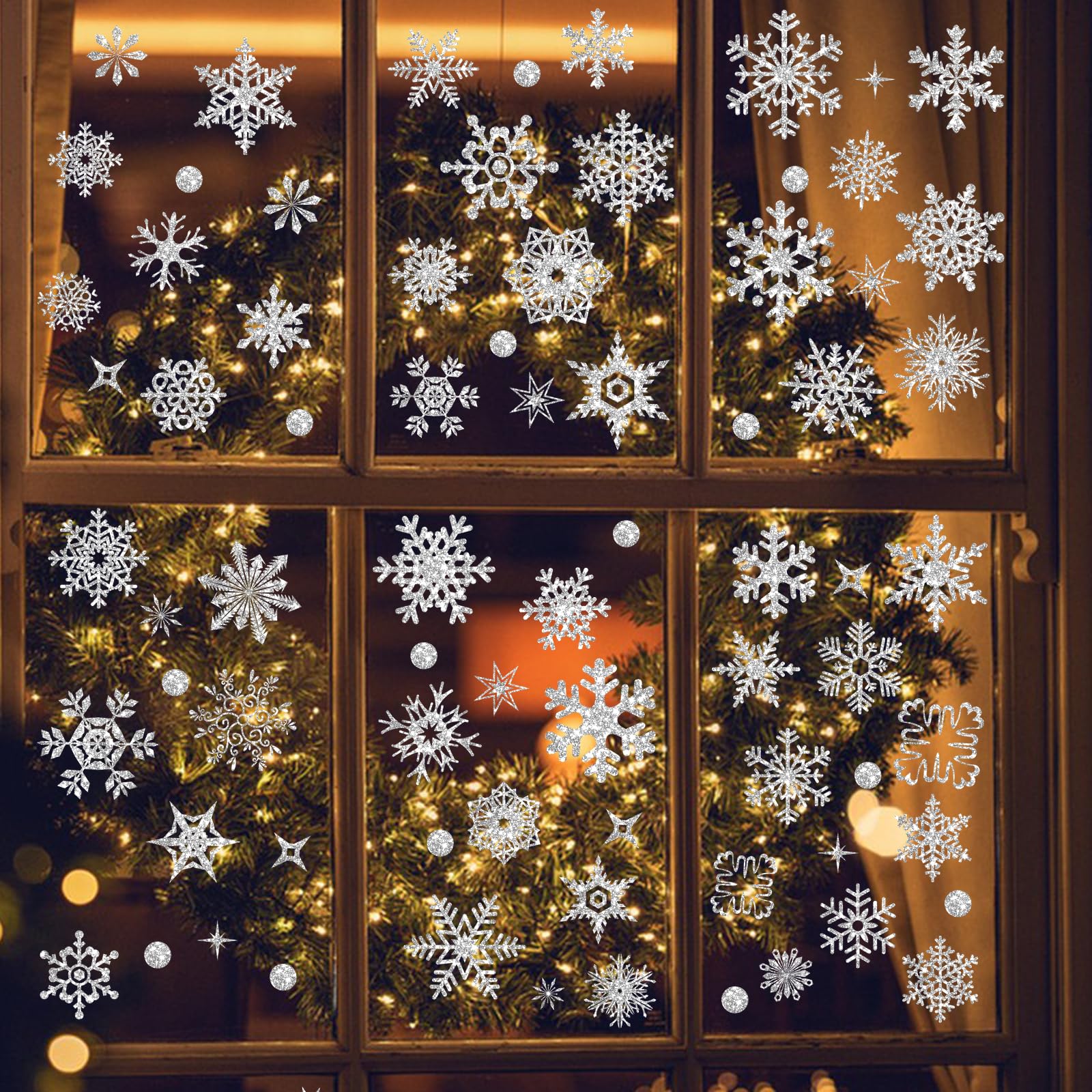 Nepfaivy Christmas Snowflake Stickers Decorations - 9 Sheet Glittering Snowflake Window Stickers, Reusablee Static Xmas Window Stickers, Snowflakes Window Clings for Glass Christmas