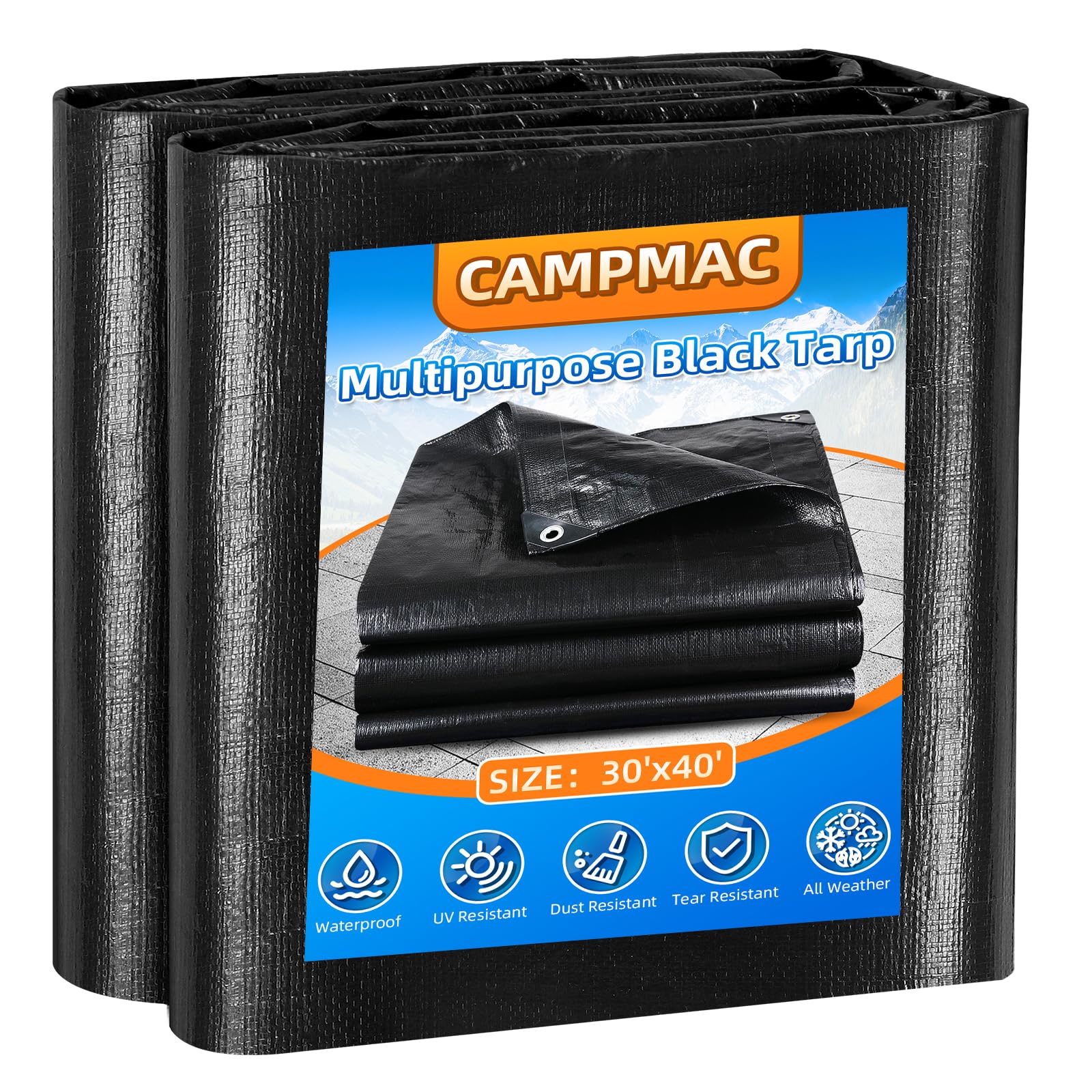 CAMPMAC Tarps Heavy Duty Waterproof 30x40, 12 Mil Thick, High Durability, with Metal Grommets Every 20 Inches (Black)