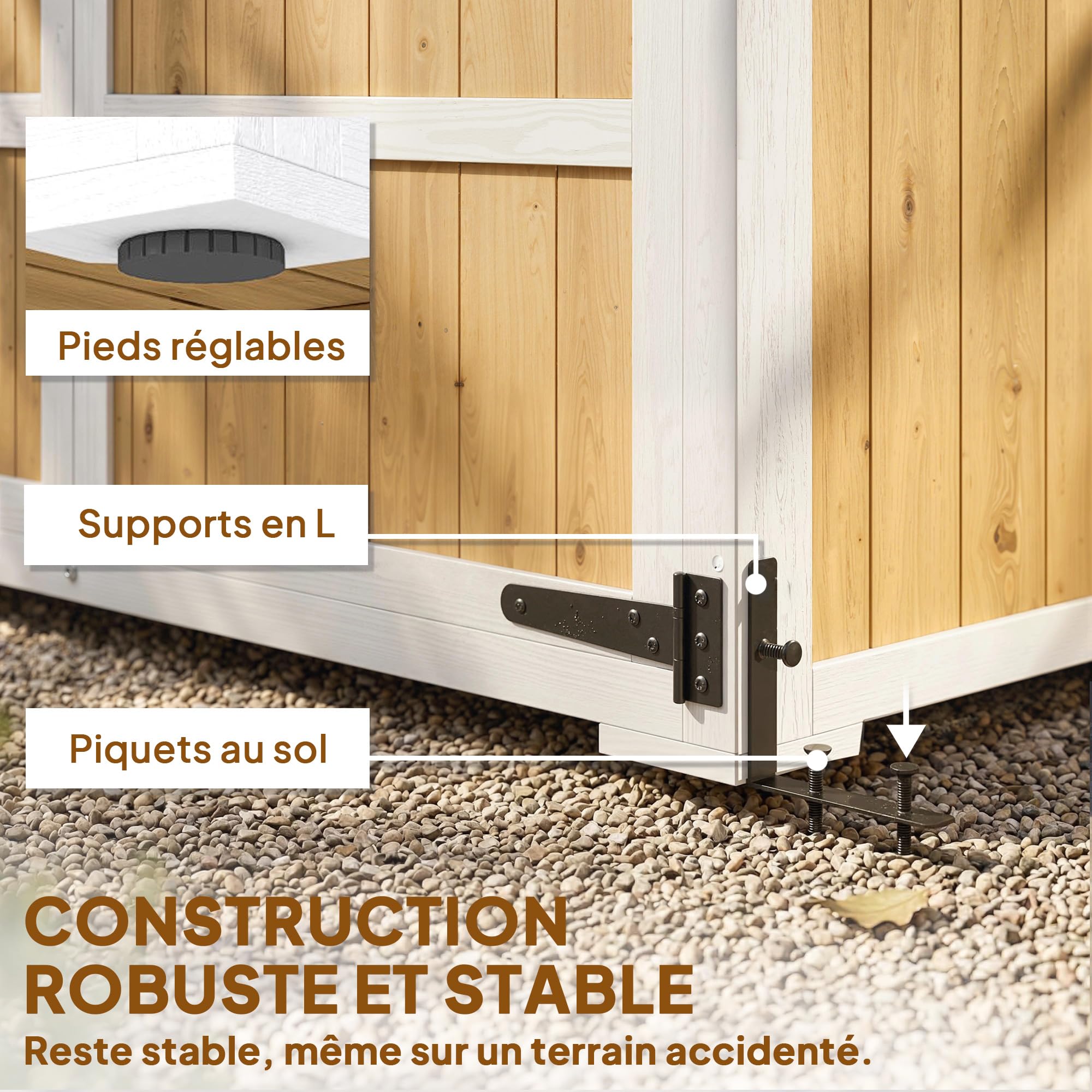 Outsunny Armoire de Jardin en Bois - Abri de Jardin Extérieur Étanche avec Toit en Métal - Meuble de Rangement Terrasse à Double Porte pour Outils de Jardinage 105x55x179cm, Blanc et Naturel