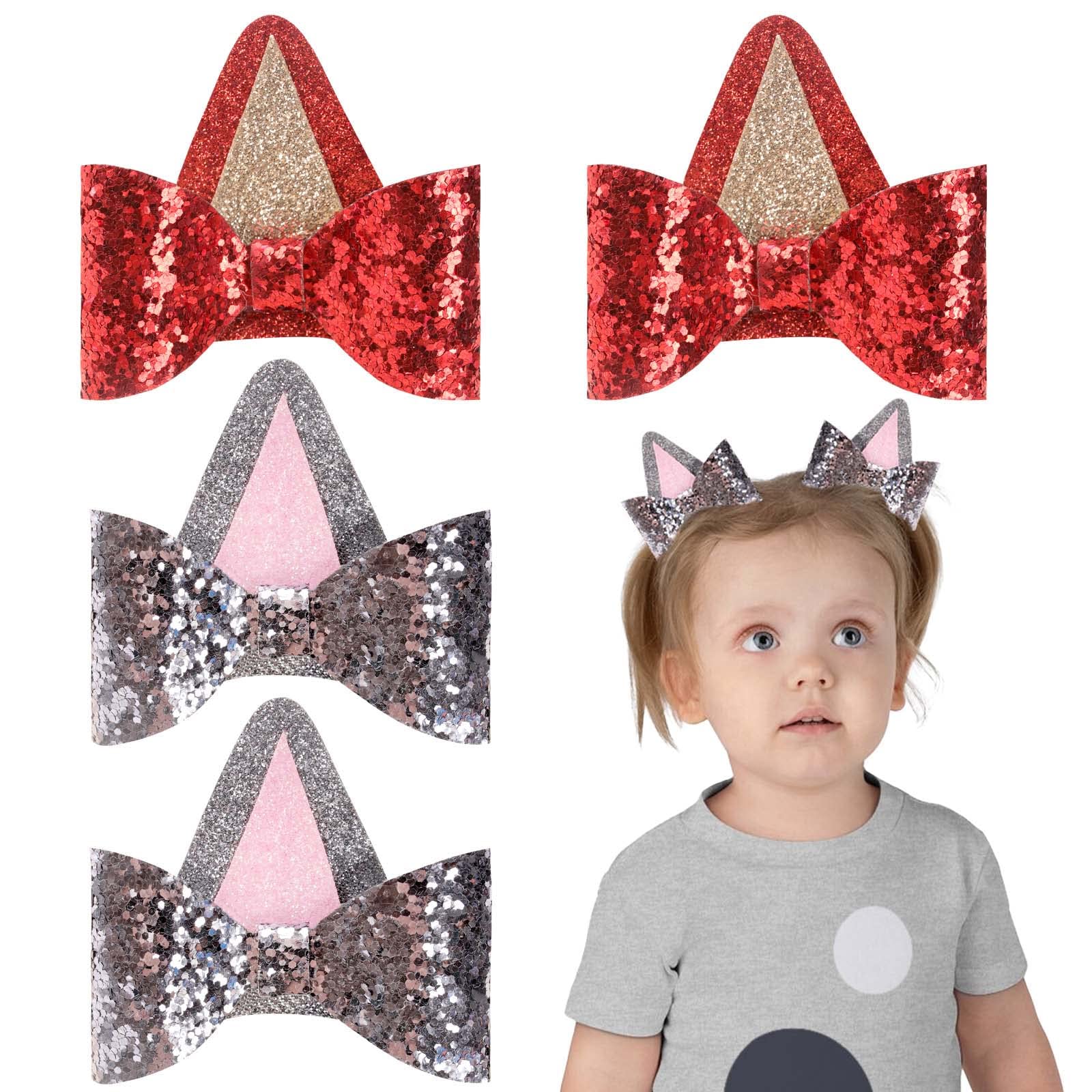 2 Pairs Blue Dog Ears and Orange Dog Ear Hair Bow Clips for Toddler Kids Adult Glitter Bows Halloween Costume Animal Cosplay Hair Accessories Birthday Party Supplies (Red+Silver)