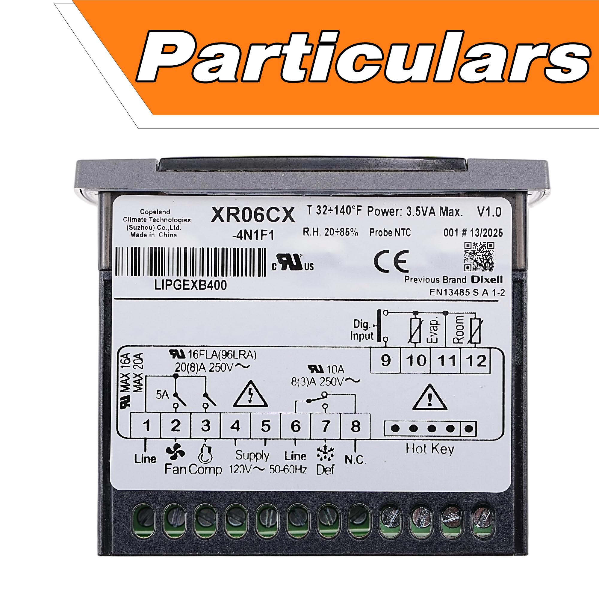Controlador de temperatura Dixell XR06CX-4N1F1 con sonda de detección de temperatura, controlador de termostato digital para refrigeradores/congeladores comerciales de 120 V 50-60 Hz