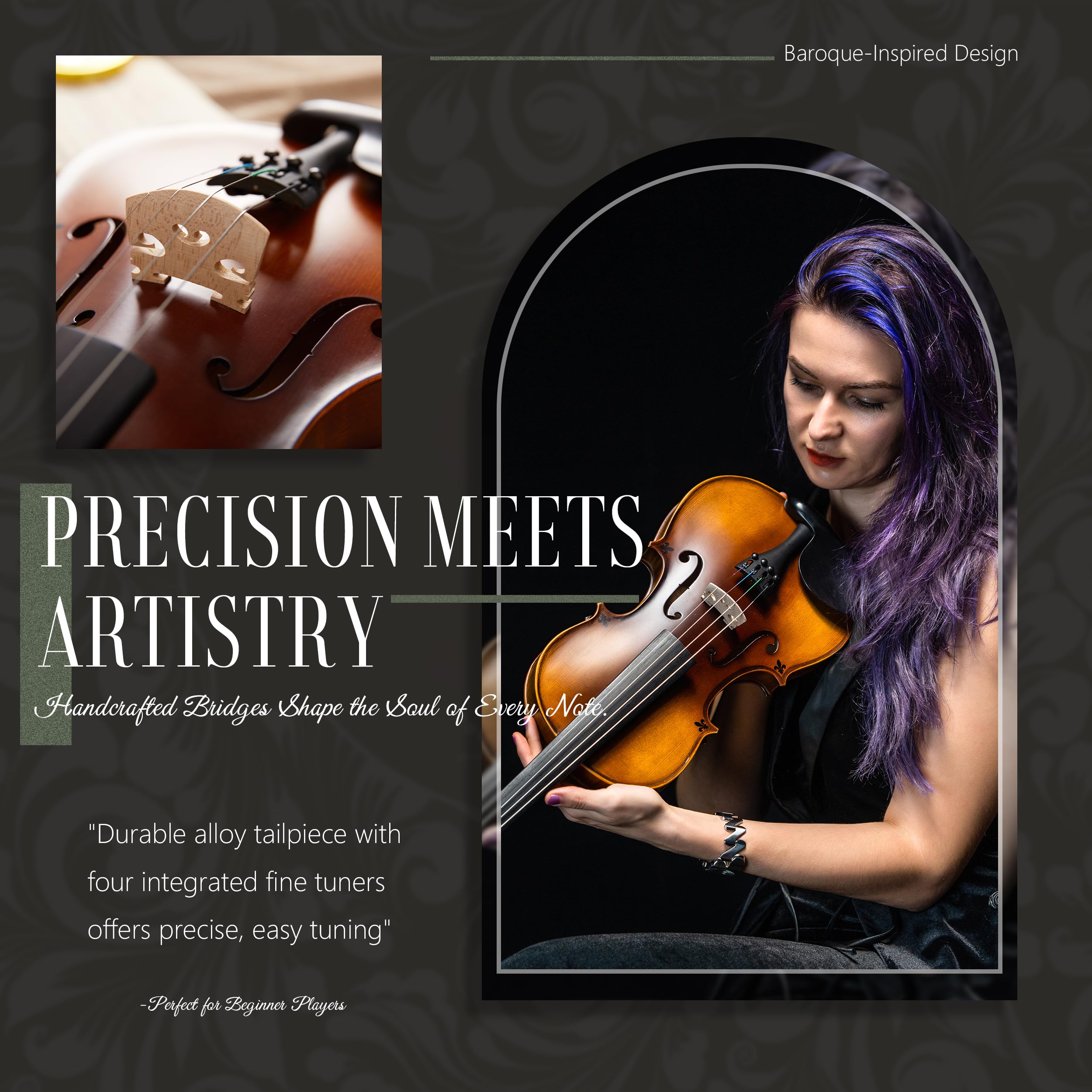 AKLOT Violino in acero fiammato artigianale: violino a grandezza naturale, kit di violino acustico avanzato con archetto in ebano, spalliera in legno massello, libro delle lezioni, custodia rigida
