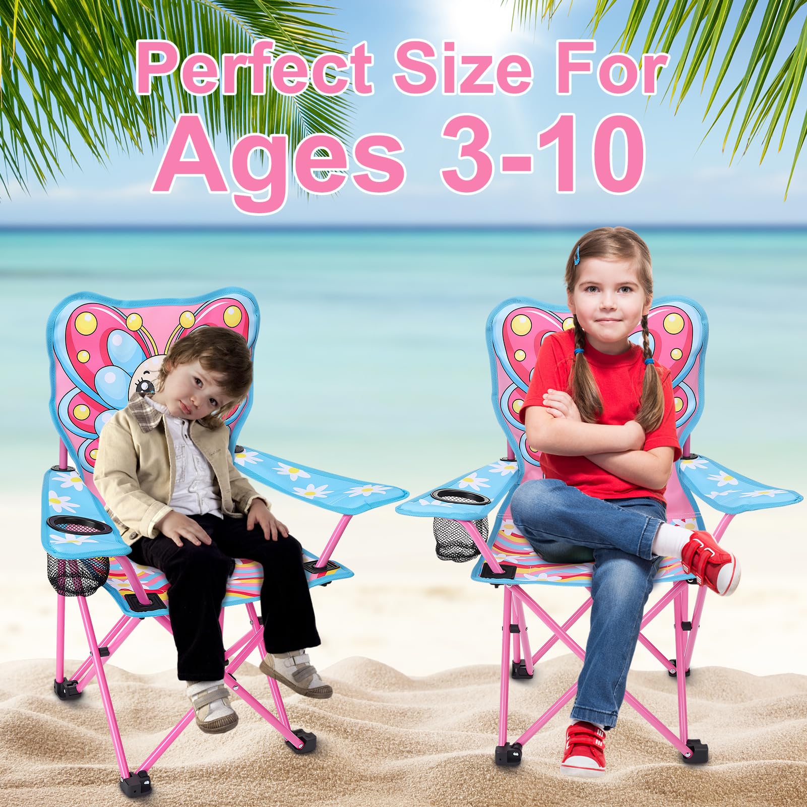 Sedia pieghevole per bambini rosa con farfalla, sedia da spiaggia per bambini e ragazze, ideale per spiaggia, giardino e campeggio