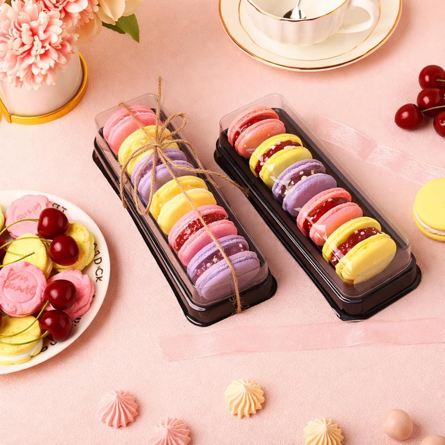 Remerry 200 Pcs Macaron Boxes with Clear Lids Bulk Macaroon Container Macaroon Packaging Boxes with 6 Grid Christmas Party Favors for Baby shower Wedding Bakery, 7.6 x 2.8 x 1.9 Inches