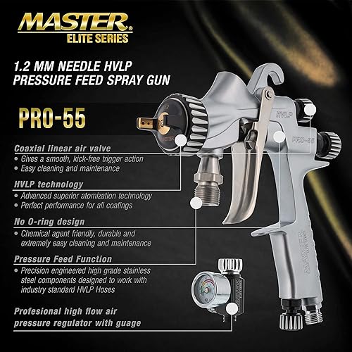 Miniatura 8 de Master Elite Series PRO-55 Pistola de alimentación a presión HVLP de alto rendimiento con punta de 05 pulgadas ideal para revestimientos base
