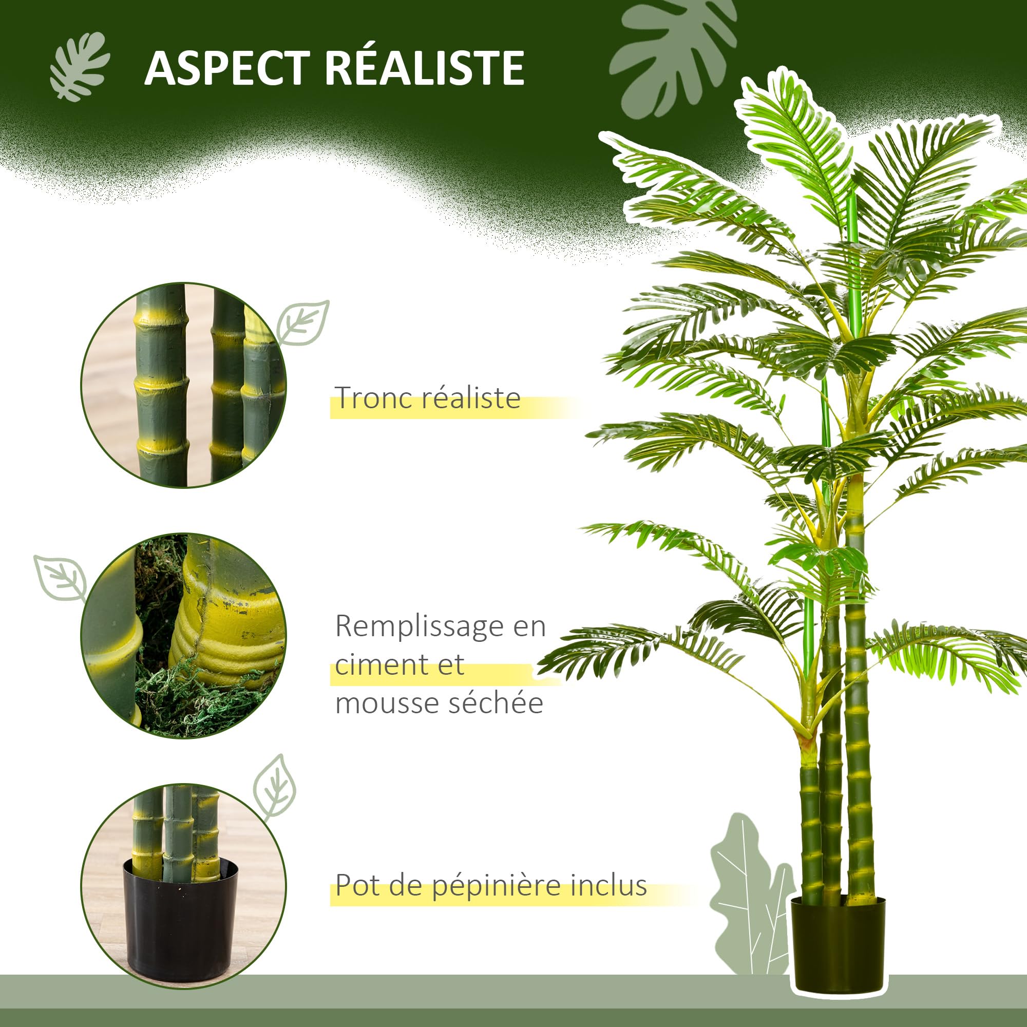 HOMCOM Palmier Areca Artificiel Arbre Artificiel 190 cm Pot Inclus Vert