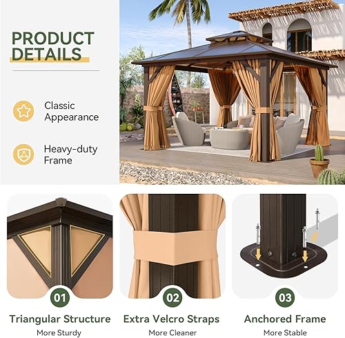Vista 15 de Aoxun - Gazebo con techo rígido para jardines, patios con cemento o césped, pabellón permanente de policarbonato con doble techo, marco de aluminio