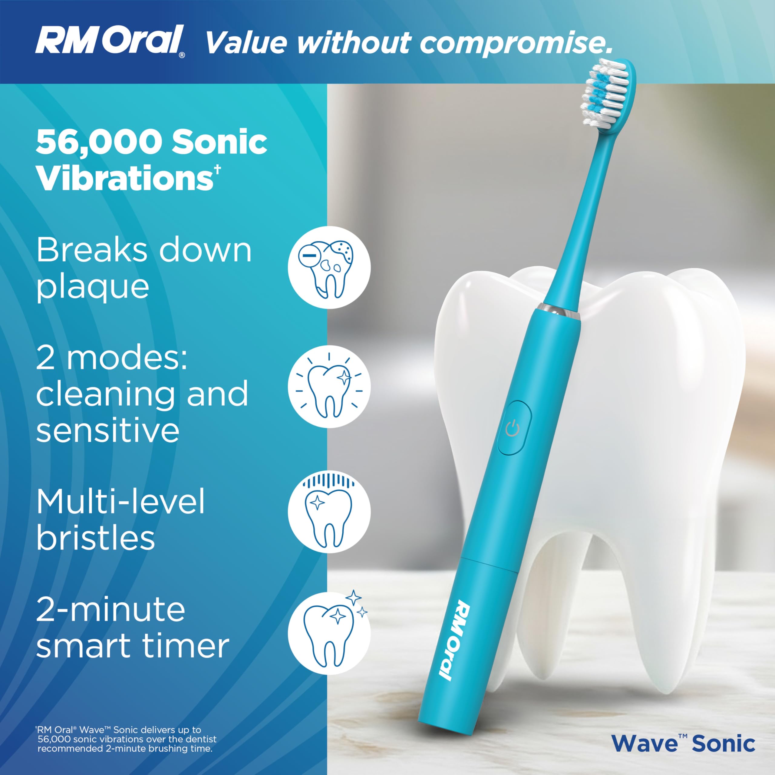 RM Oral Wave Sonic Akku Zahnbürste mit weichen Borsten und Reisekoffer 56.000 Schallschwingungen für sauber und empfindlich, Bleichen und Plaque entfernen, 2 Minuten Timer