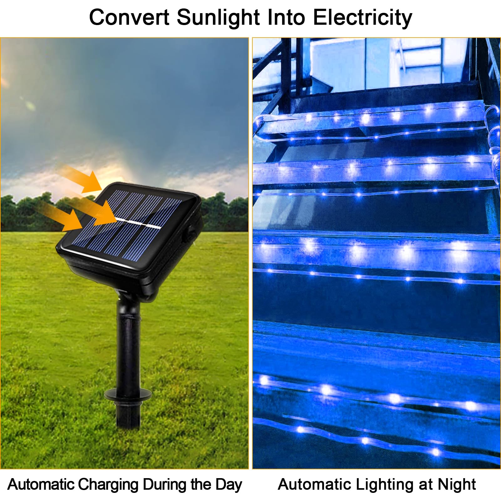 GHONLZIN Solar String Lights Outdoor Rope Lights 33ft 8 Modes 100 LEDs Solar Powered Waterproof Rope Lights for Garden Wedding Christmas Party Holiday Decorations (12M-Blue) - Image 3