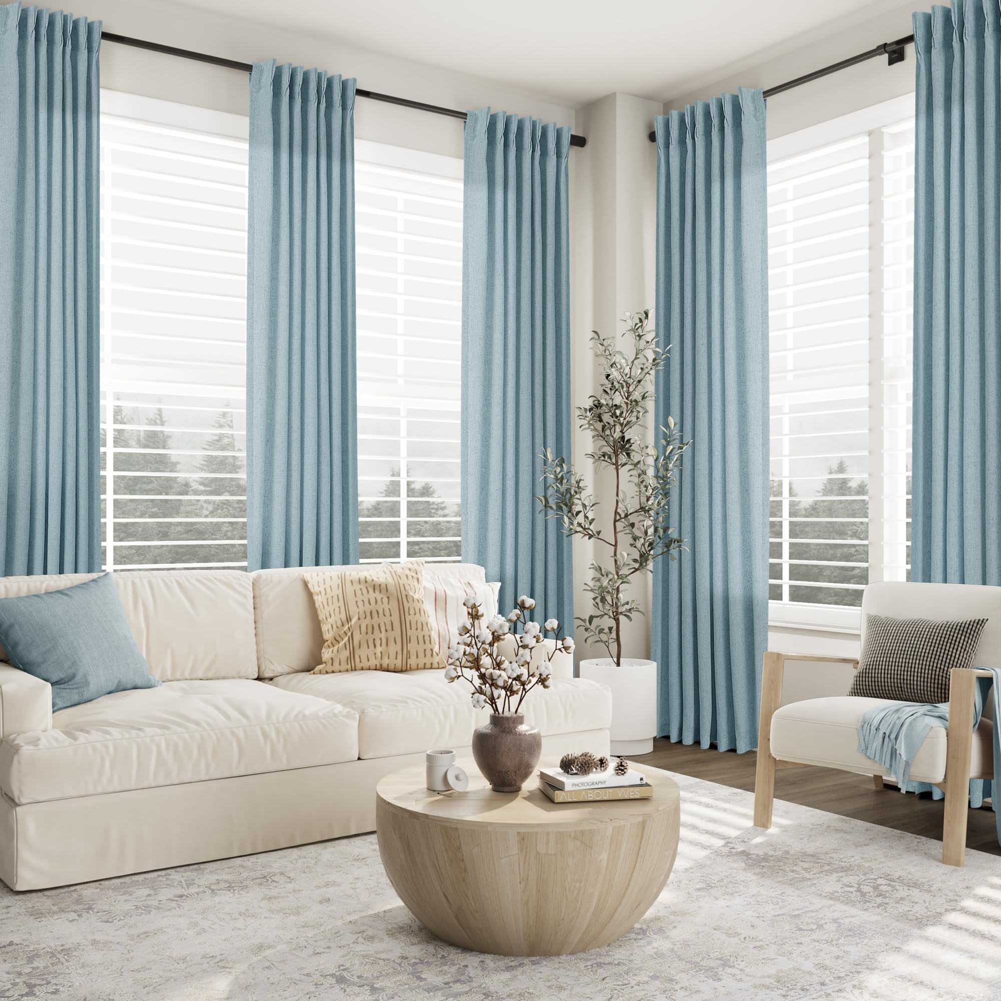 Amazon｜ダスティブルーピンチプリーツリネンカーテン長さ84インチ2