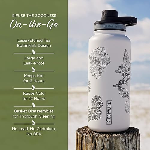 Miniatura 3 de The Tea Spot Vaso de té del Himalaya, botella de viaje con infusor de té para té de hojas sueltas o café helado, 32 onzas, grabado en blanco,