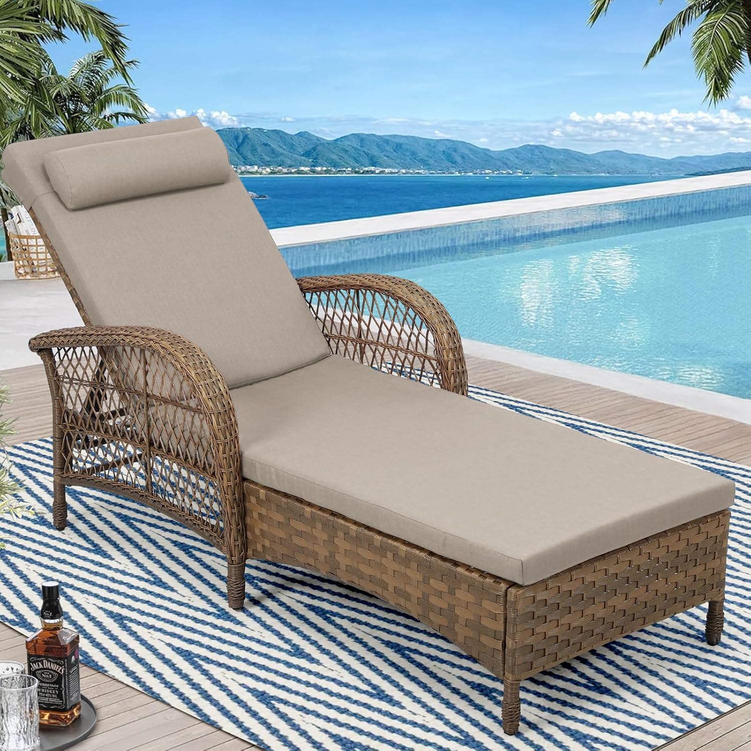 Outdoor Chaise Lounge Chair, PE Wicker Long Recliner Patio Lounge Chair with Cushion, 6-Position Patio Reclining Sun Lounger with Adjustable Backrest for Poolside, Armrest & Pillow, Beige