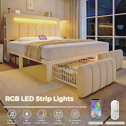 Miniatura 6 de Base de cama Queen con cabecera de almacenamiento, base de cama blanca tapizada tamaño Queen con cajones de almacenamiento y estación de carga, cama