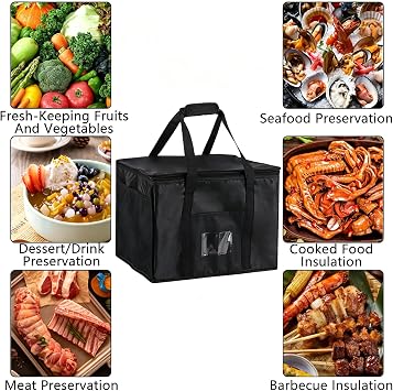 21L 40L Insulated Reusable Grocery Shopping Bags, Black Food Delivery Cooler Bag for Groceries, Thermal Bags for Cold Hot, Collapsible Heavy Duty Food Warmer Tote Bag for Camping Picnic