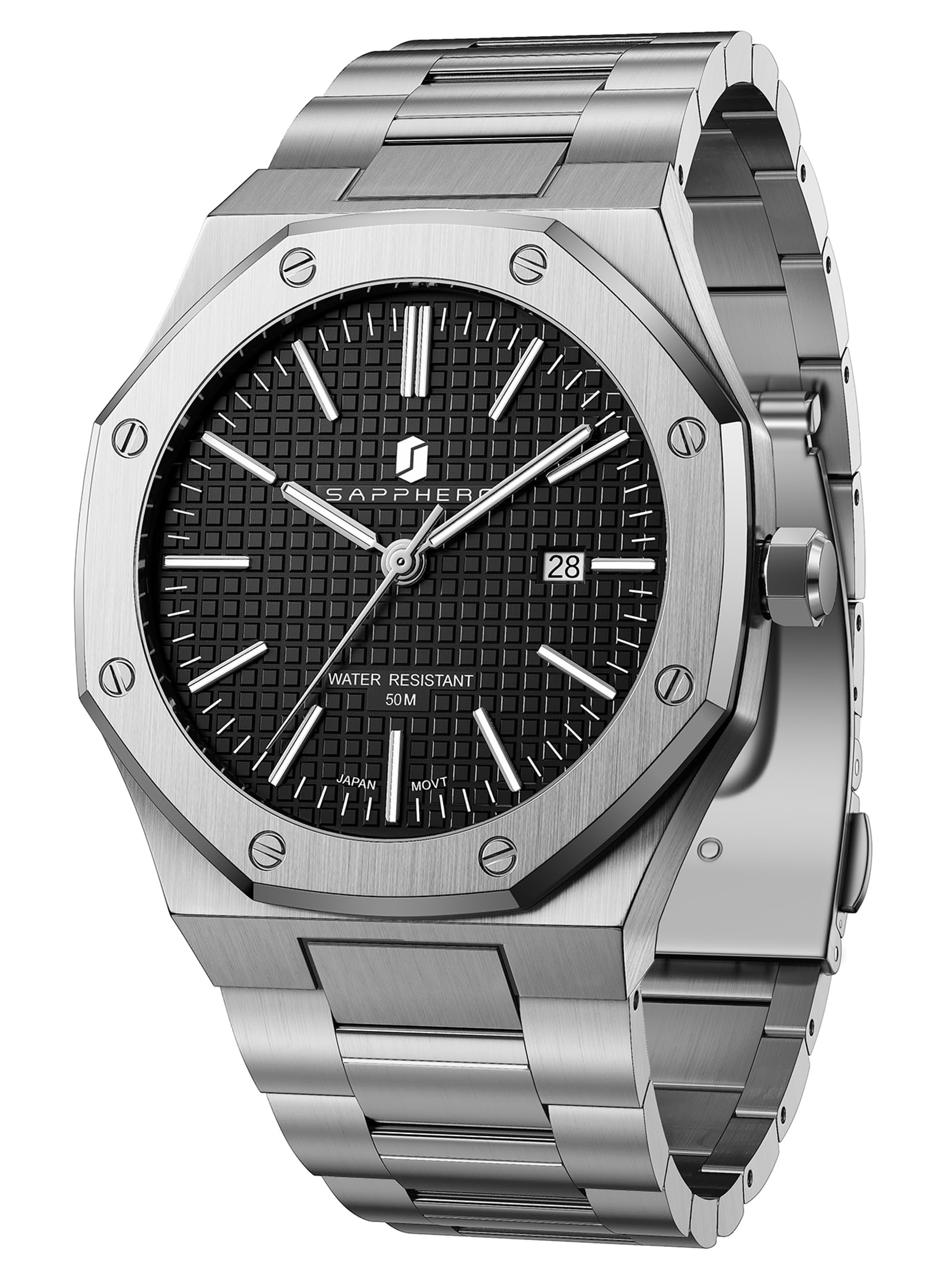 SAPPHERO Orologi Uomo Ottagonale 10ATM Impermeabile Business Casual Moda Uomo Giapponese Quarzo Acciaio Inox Luminoso Orologio da polso Regalo per Uomo