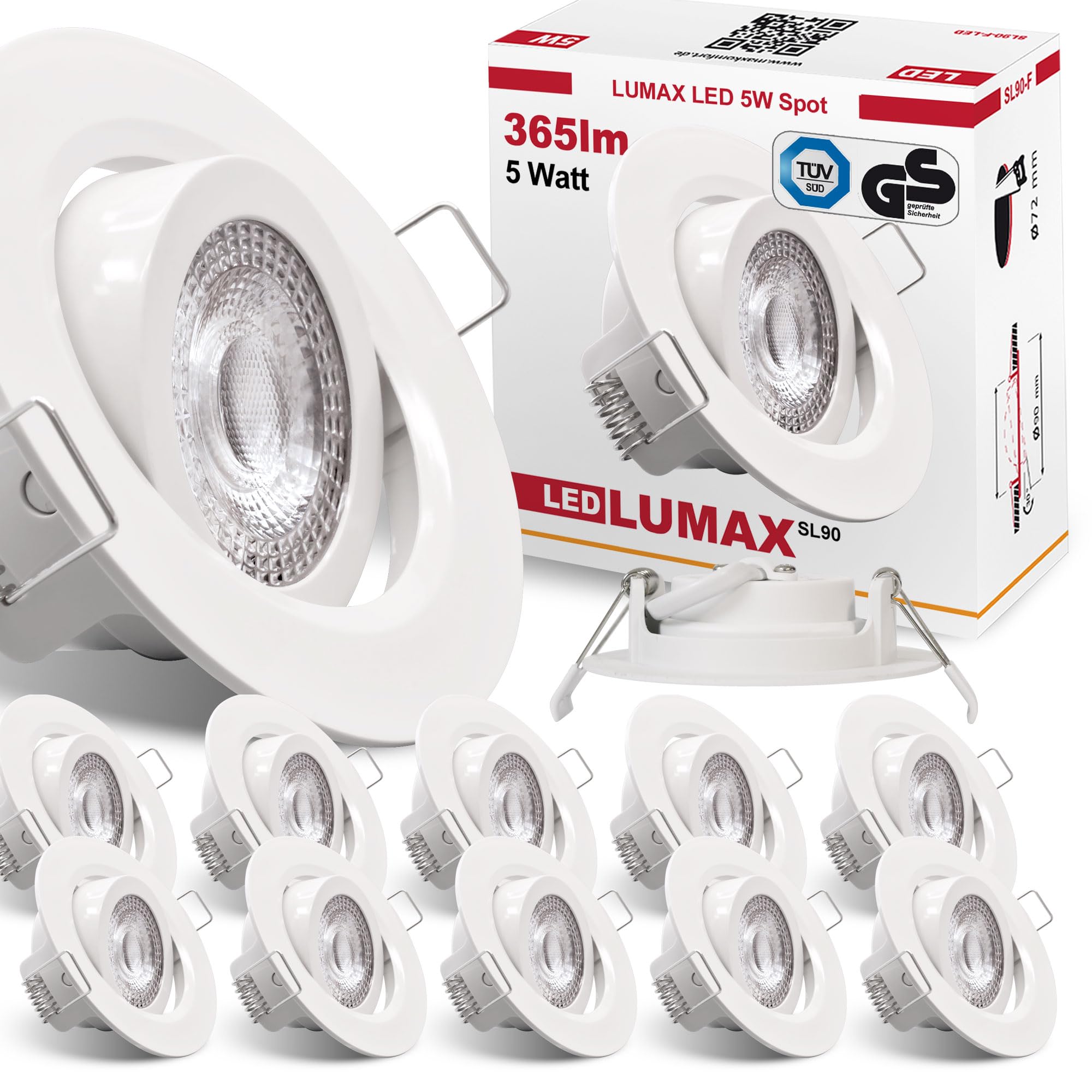 Maxkomfort LED Einbaustrahler Weiß 230V dimmbar 12x 5W 365lm warmweiß ultraflach schwenkbar Ø72mm Deckenspot für Küche Wohnzimmer Flur LED Spots Energieklasse F Lumax