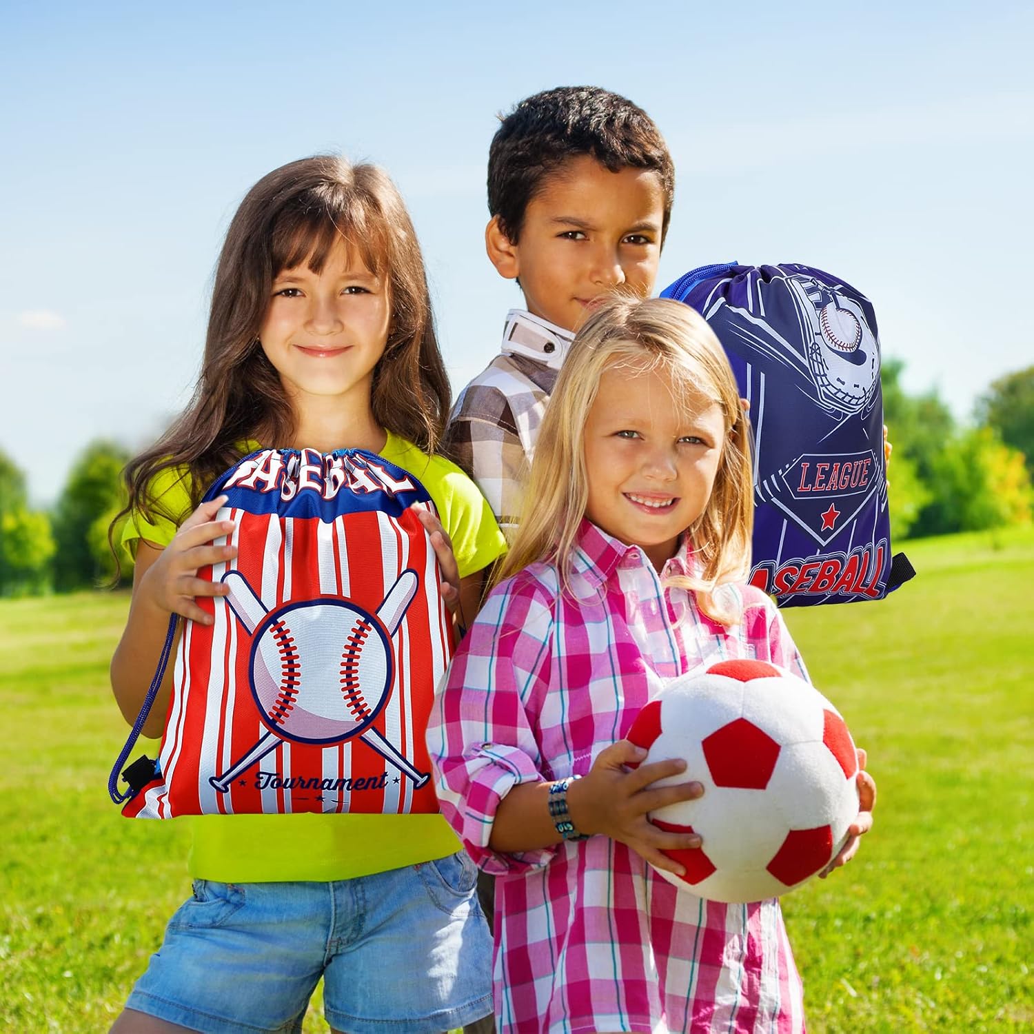 Tondiamo 12 Pcs Baseball Soccer Party Favor Bags Kids Drawstring Soccer Candy Goodies Treat Bags Supplies