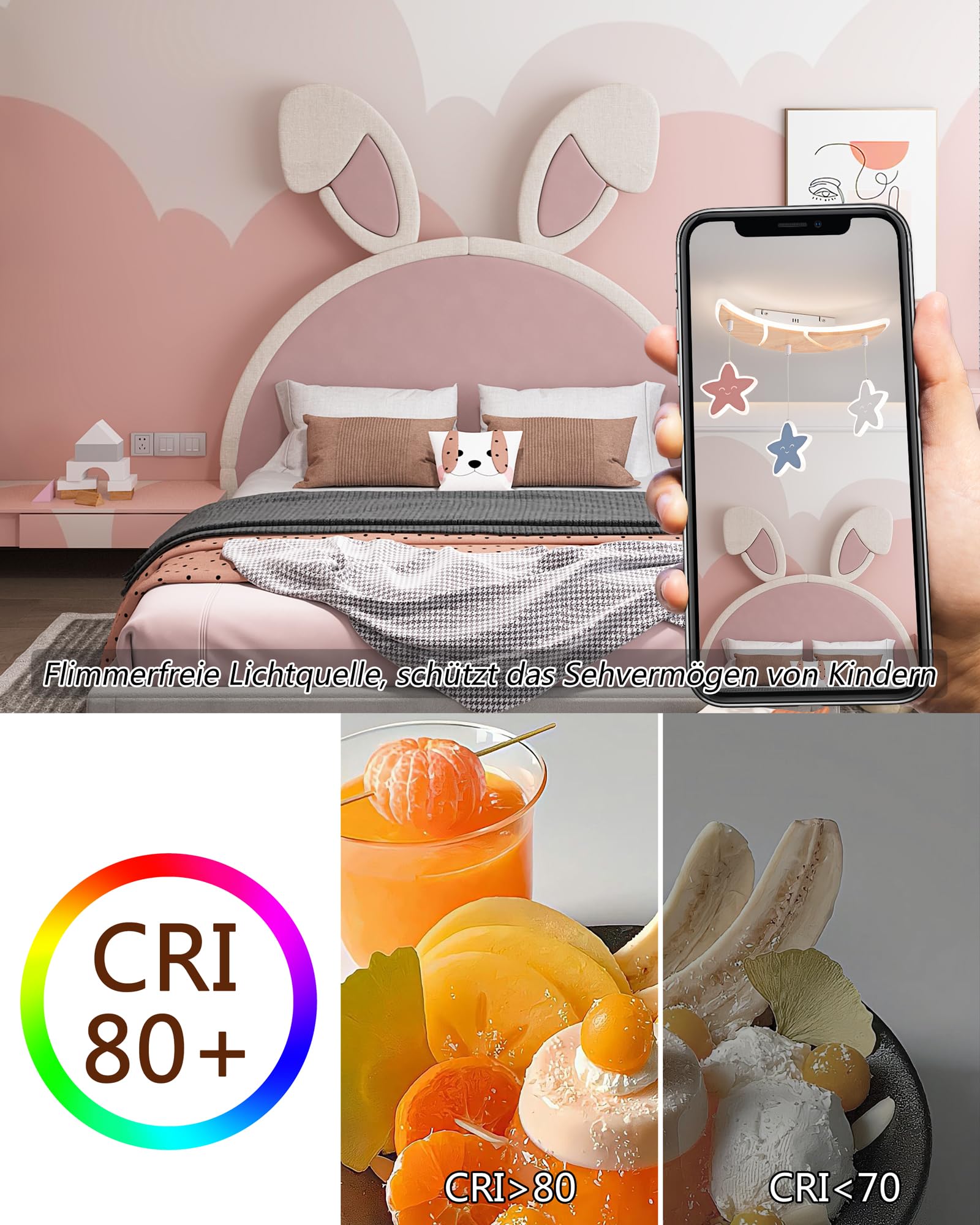 LED Deckenleuchte Stern Mond, 40cm 32W Holz Kinder Lampe Dimmbar 3000-6000K mit Fernbedienung, Für Kinderzimmer, Babyzimmer, Jugendzimmer, Schlafzimmer, Mit Memory-Funktion, 4W Nachtlicht