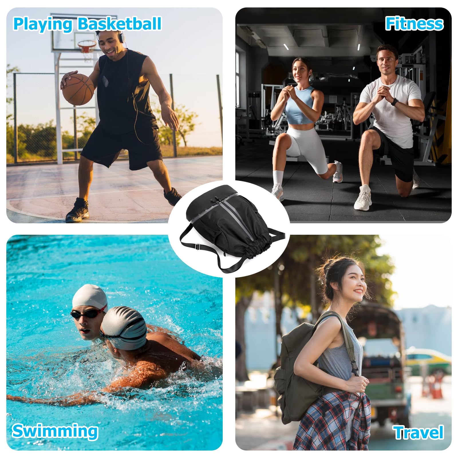 JAWAI Mochila Impermeable con Cordón, Ajustable Casual Saco Gimnasia, Impermeable Saco de Gimnasia con Bolsa Seca Húmeda Separada, para Acampar, Yoga, Fitness, Viajes, Montañismo (Negro)