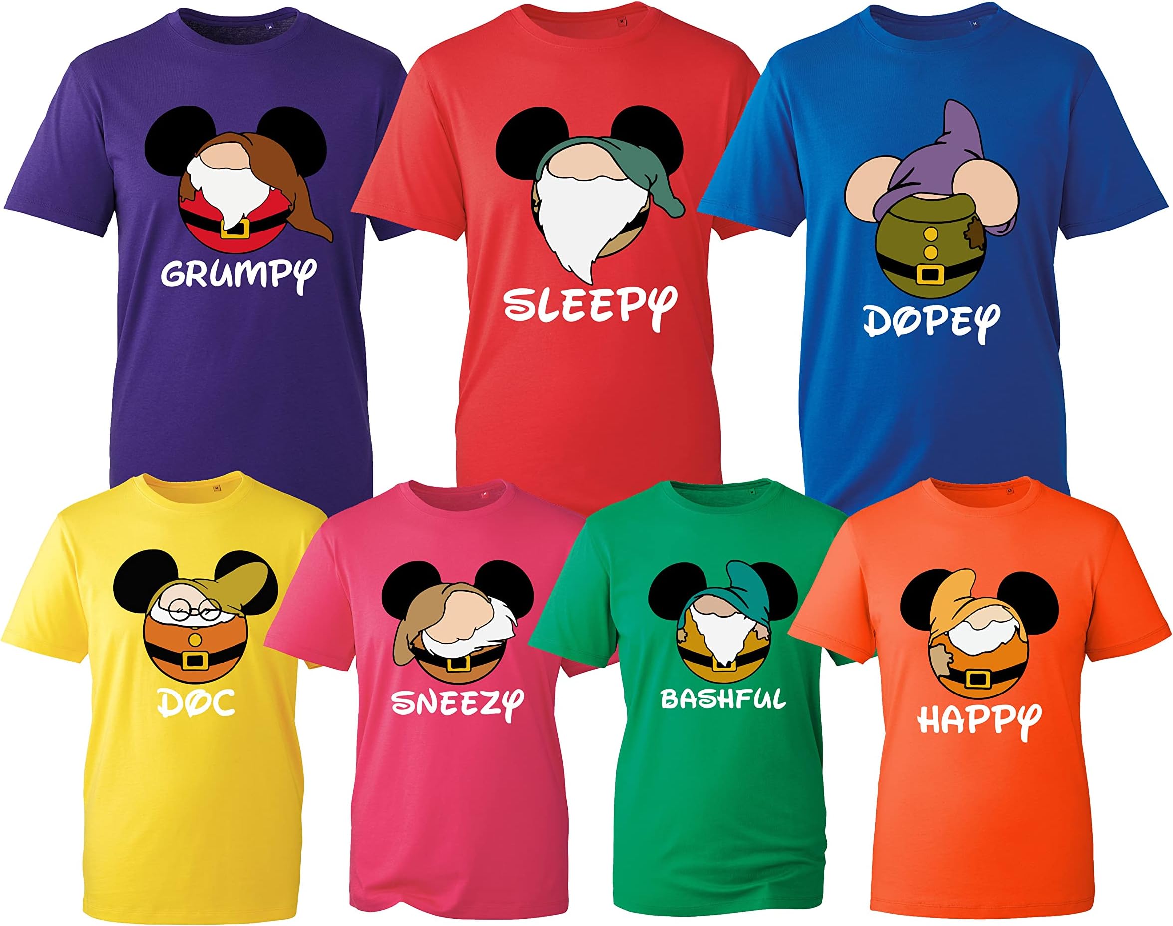 Seven 7 Dwarfs T-Shirt, Happy Costume Cartoon Funny Bashful Dopey Multiple Colours Unisex Kids Adults Top