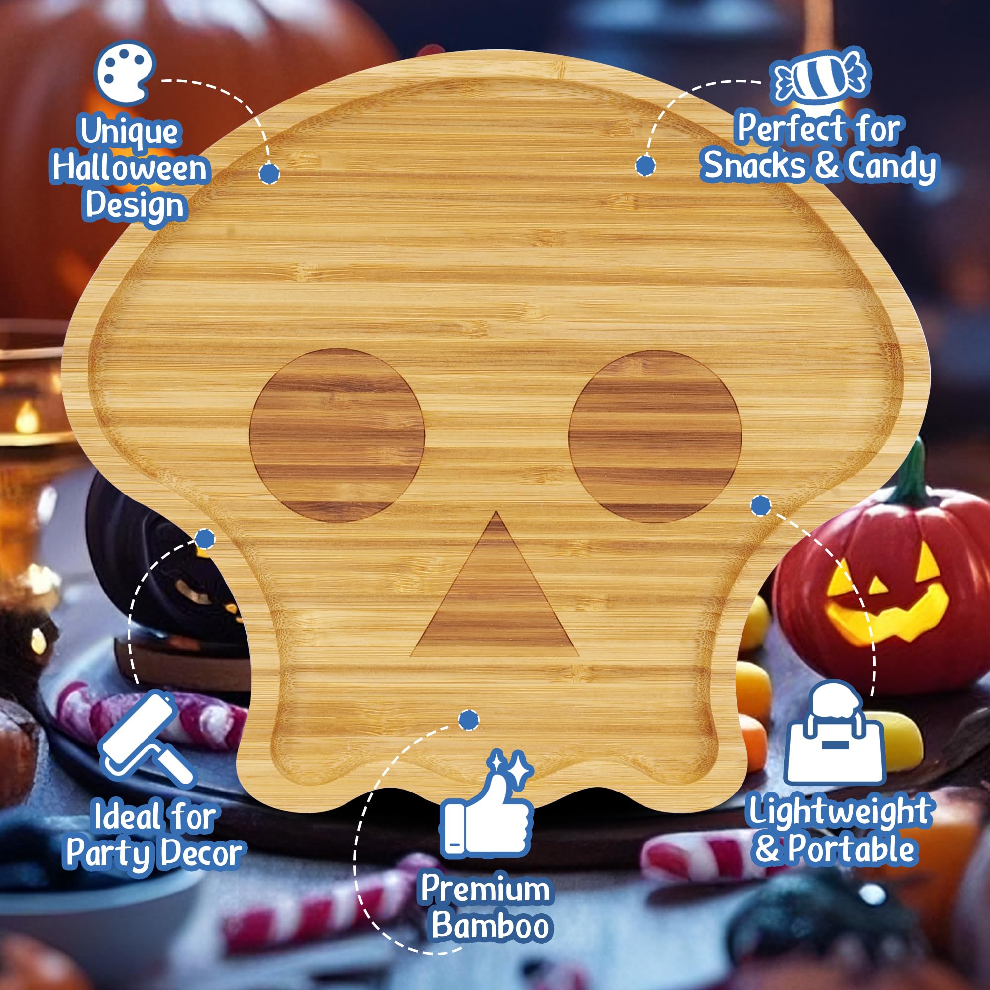 TJ POP Tagliere di Halloween piccolo a forma di teschio – Bambù vassoio da portata per snack, dolci e caramelle, decorazione per la tavola delle feste