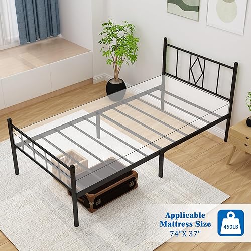 Miniatura 6 de Base de cama clásica de metal de 14 pulgadas de altura con cabecera, estribo, almacenamiento debajo de la cama, no necesita somier, soporte de