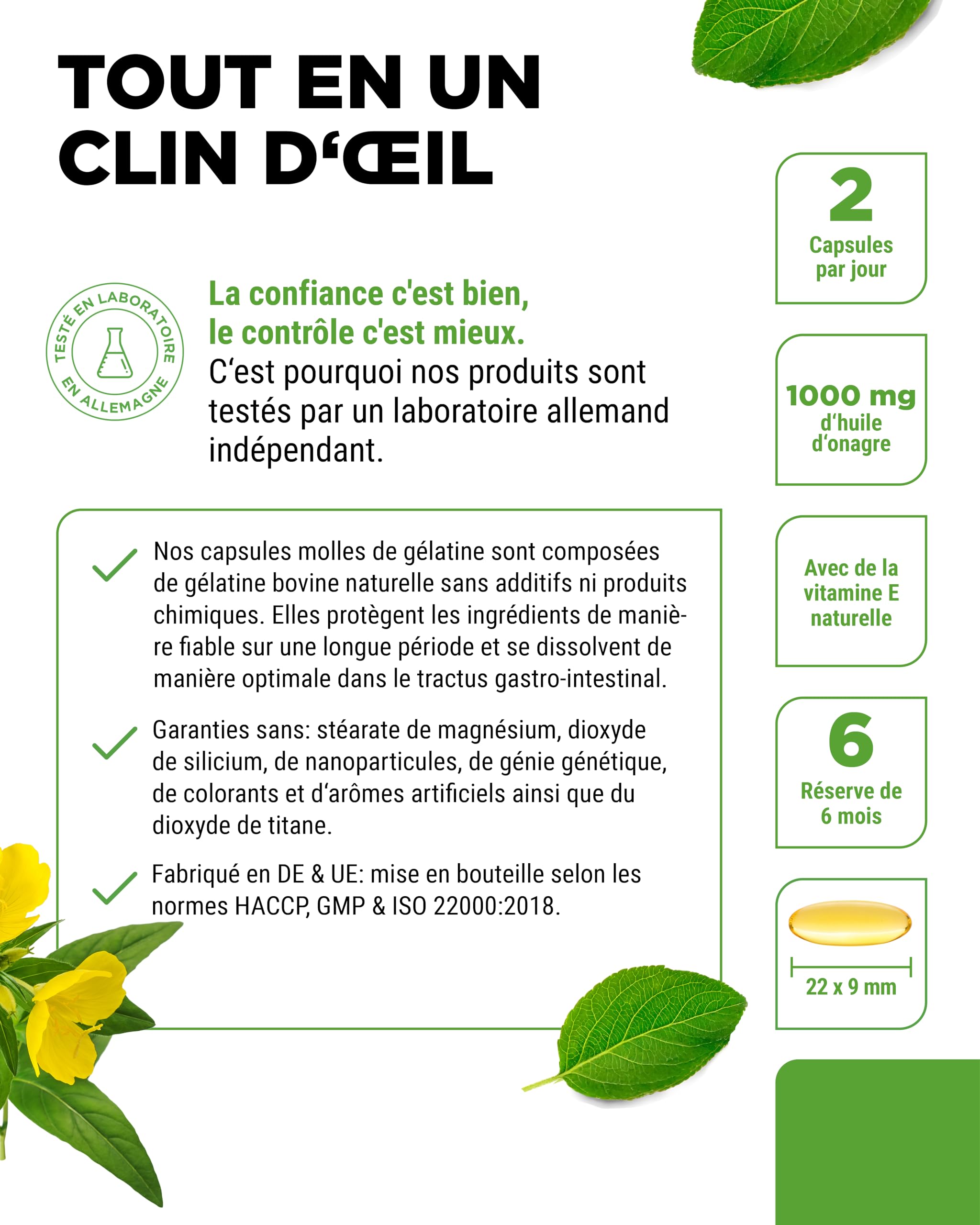 Huile d'Onagre - 365 Capsules - Fortement Dosée avec 2000 mg par Dose Journalière - Premium : 10% d'Acide Gamma-Linolénique GLA, avec Vitamine E Naturelle & Pressée à Froid