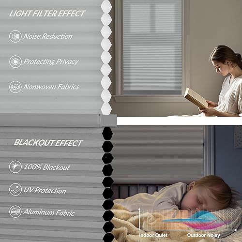 Miniatura 5 de Boolegon Persianas celulares de día y noche, sin herramientas, sin taladro, sin cordón, fáciles de instalar, persianas opacas y con filtro para