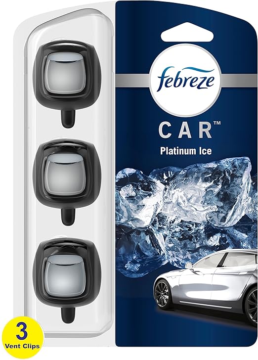 Febreze Car Air Freshener Vent Clip Platinum Ice Scent, .07 oz. Car Vent Clips, Pack of 3 and Stay-Fresh Storage Case