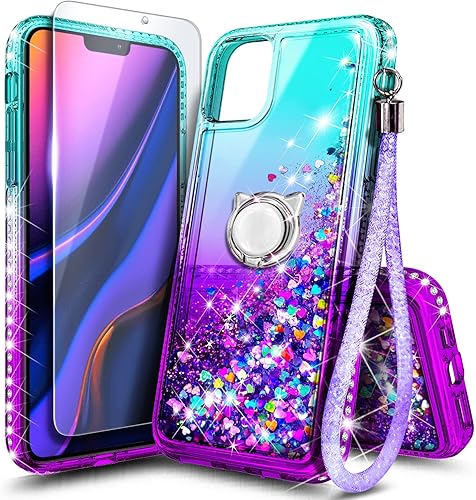 NGB Funda compatible con iPhone 11 Pro Max con protector de pantalla de vidrio templado, soporte de anillocorrea de muñeca, para niñas y mujeres,