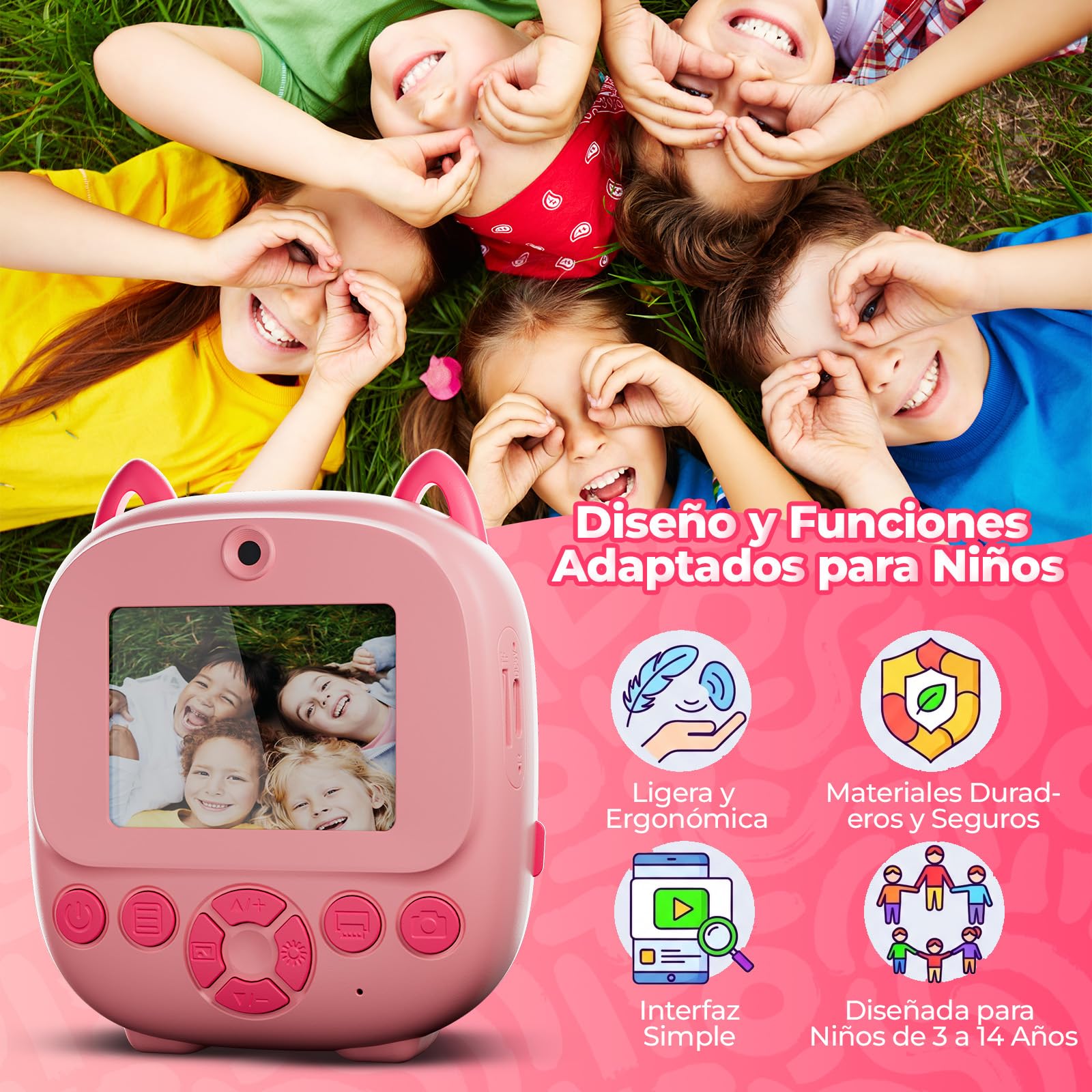 SnapPix Cámara Fotos Infantil Instantánea con Papel de Impresión y Tarjeta SD, 20MP, Cámara de Fotos para Niños, Regalo para Niños de 3 a 14 años (Azul y Rosa) (Rosa)