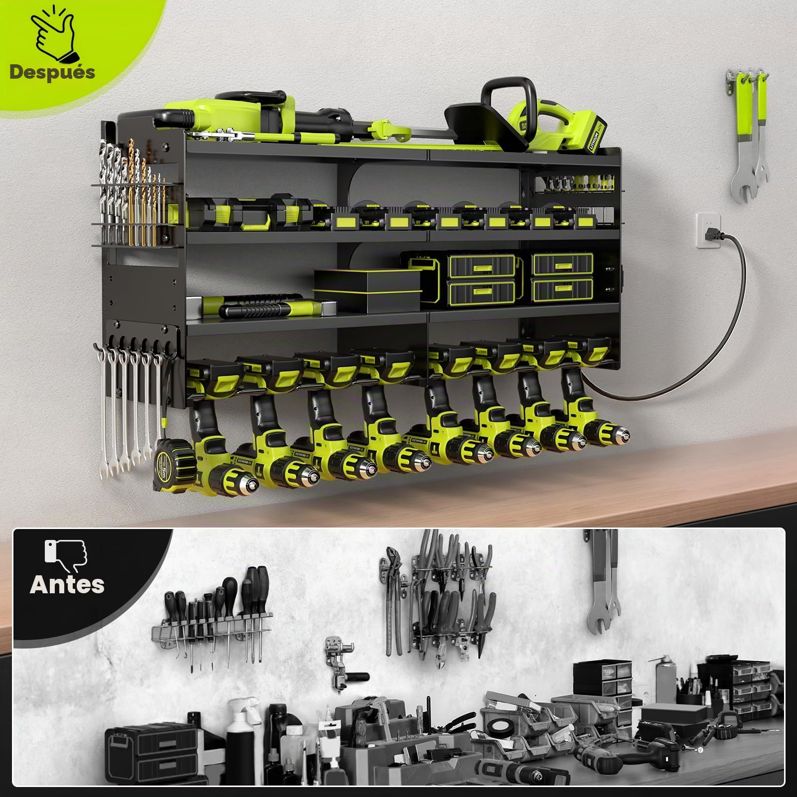 POKIPO Organizador de herramientas eléctricas grande con estación de carga, 4 capas de metal resistente, carga 600 libras con 8 soportes de taladro inalámbricos, carga de estante de batería con 4
