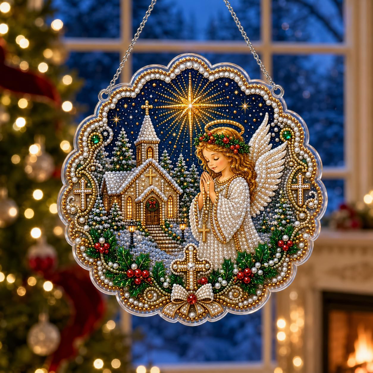 QUINGIL Christmas Pearl Diamond Art Suncatcher Kit for Adults (Angel - Style 2, 8 in)