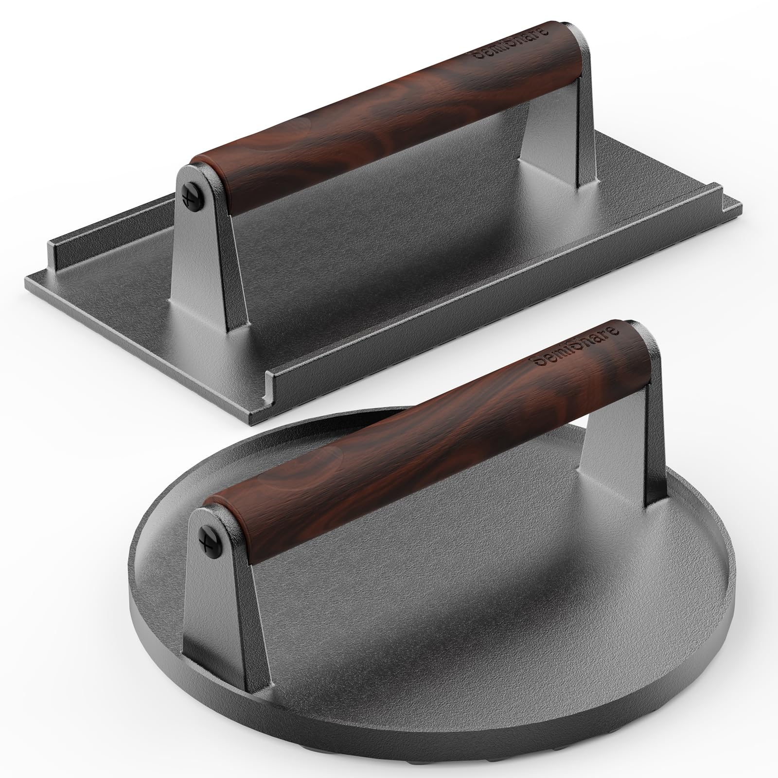 Burger Press and Grill Press with Walnut Wood Handle, 7.28'' Round & 8.66''×4.72'' Rectangle Cast Iron Smash Burger Press for Sandwich,Blackstone Griddle Accessories