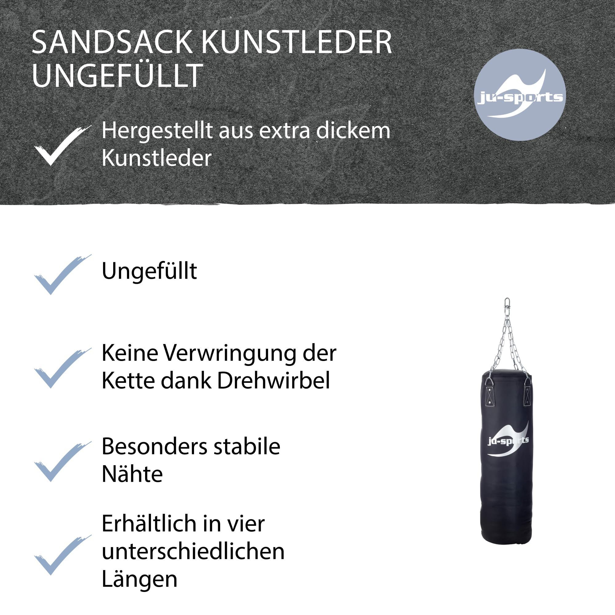 Ju-Sports Boxsack hängend Ø 35cm I Sandsack Kunstleder ungefüllt für das Box Training I Sehr stabil mit Kette + Drehwirbel, Kette verdreht Sich Nicht