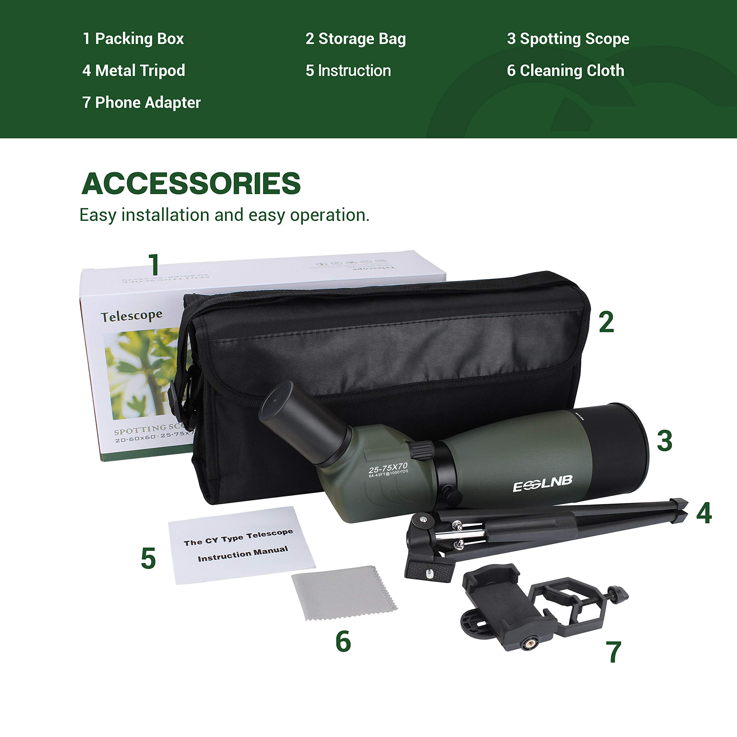 ESSLNB Telescopio Terrestre 25-75X70 Impermeable Telescopios Terrestres con Trípode Teléfono Inteligente y Bolso BAK4 Prisma para la Observación de Aves Tiro al Blanco