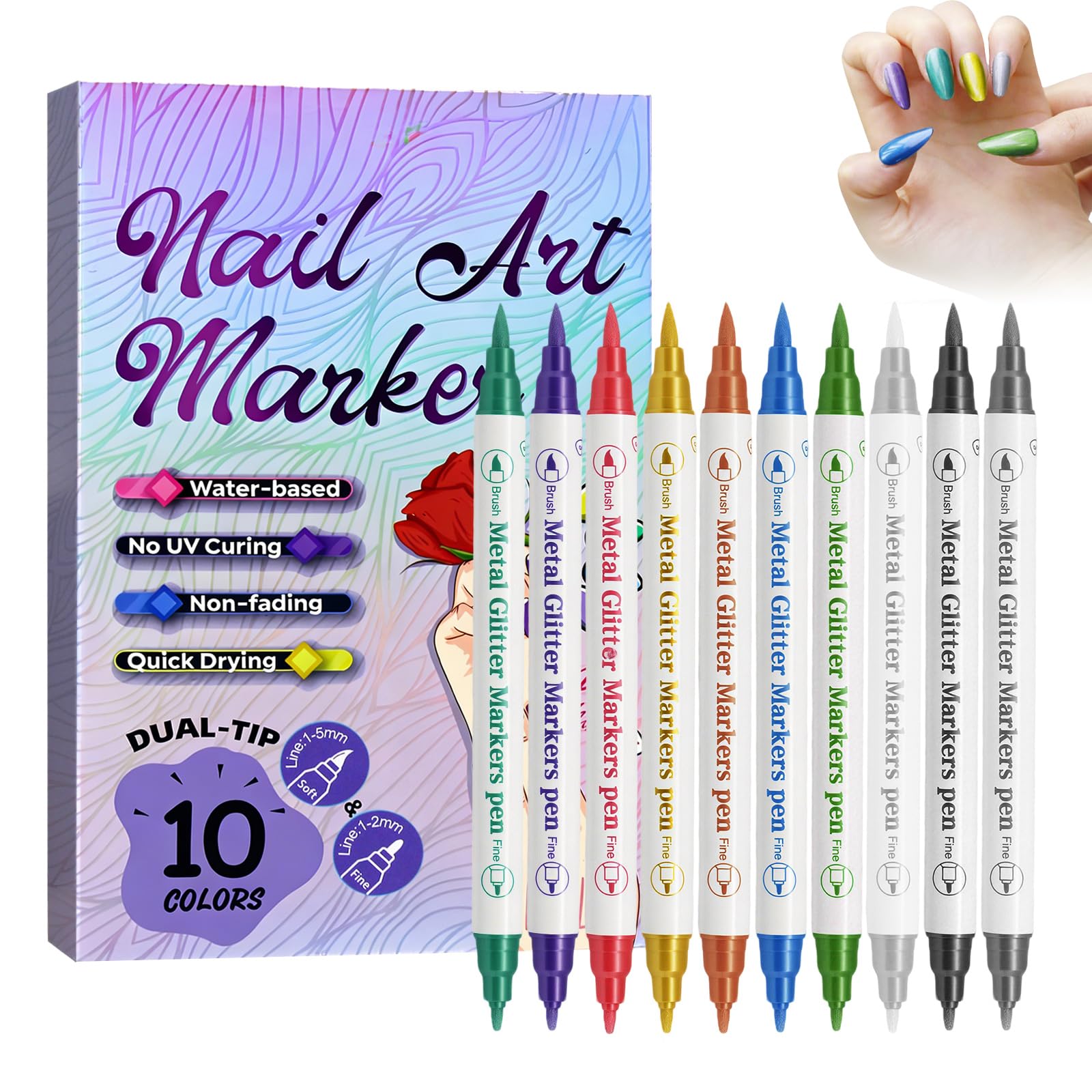 Kit de 10 Stylos Vernis à Ongles, Double Embout Pinceau & Pointe Fine, Vernis 3D Séchage Rapide, Outil de Manucure Professionnel pour Dessin, Détails & Art Graphique