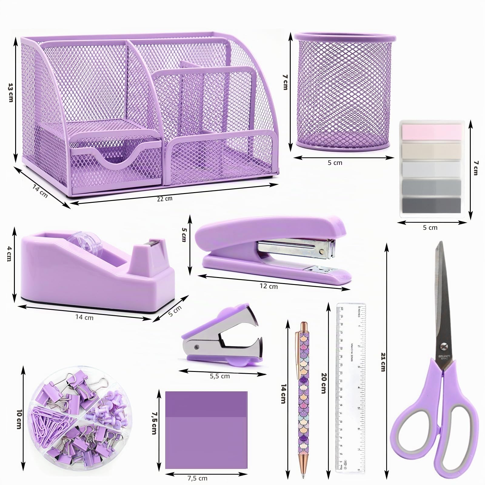 Organisateurs de bureau 12 en 1 violet et accessoires violets fournitures de bureau violettes agrafeuse porte-stylo support ruban agrafes ciseaux règle agrafe pour la maison, l'école, cadeaux pour