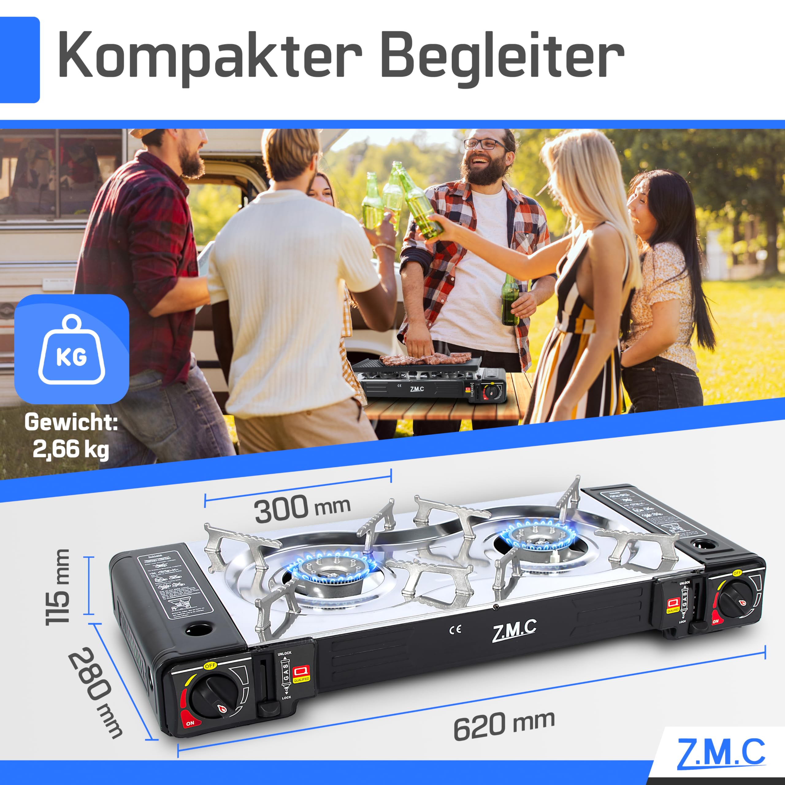 ZMC 2-in-1 Gas Stove and Gas Grill 16 Gas Cartridges 227 g Including Grill Plate, Pan, Glass Lid and Case, Camping Stove for Indoor and Outdoor Use
