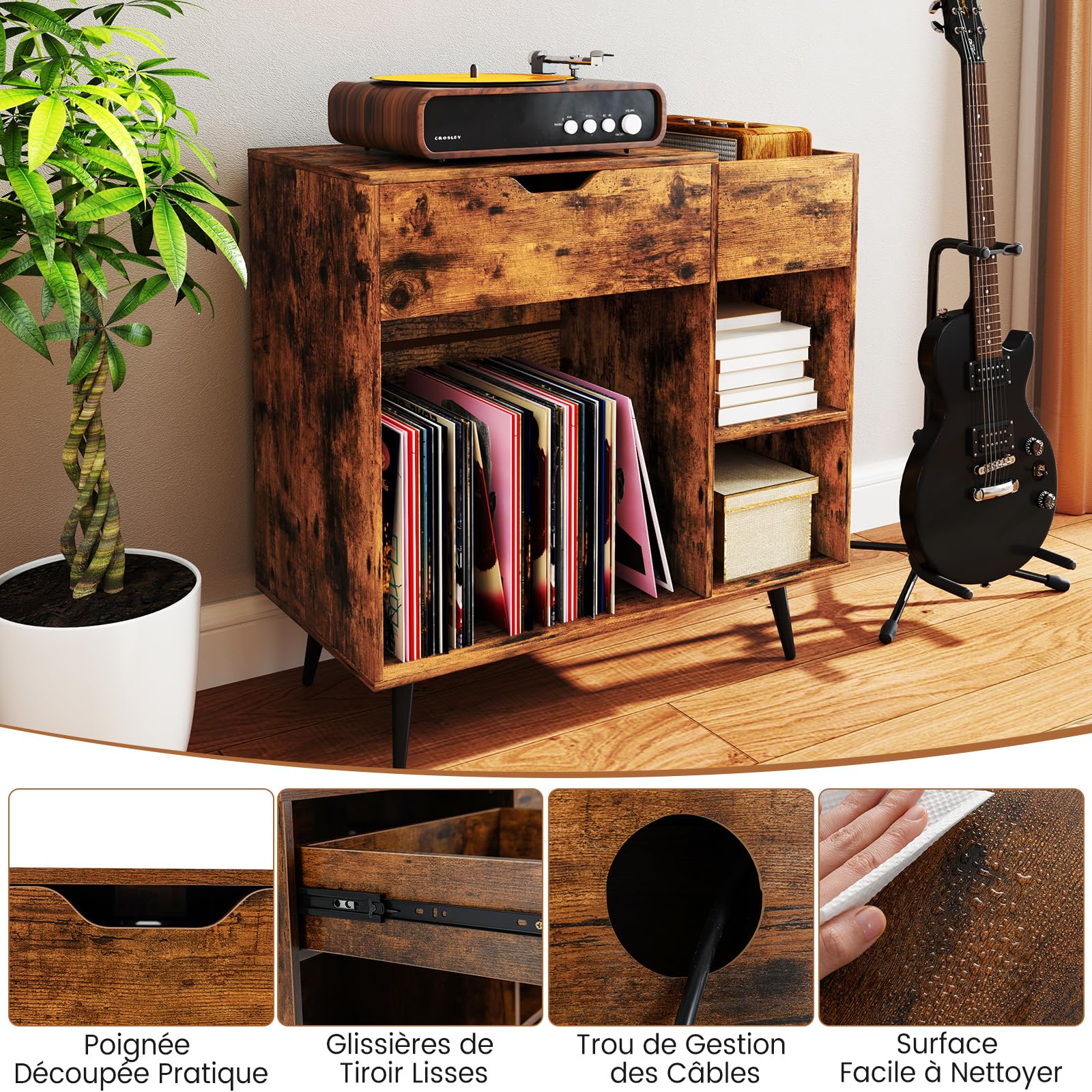 COSTWAY Meuble Tourne-Disque Vinyle avec Prise, Armoire Commode Vinyle avec Tiroir, 2 Prises, 1 USB, 1 Type-C, 2 Kits Anti-basculement, Support Tourne-Disque pour Salon, Chambre,