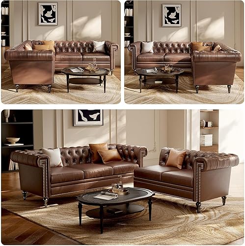 Miniatura 4 de Sofá modular Chesterfield de 85 pulgadas, sofá convertible de piel sintética en forma de L con cabeza de clavo copetuda y brazos enrollados, sofás