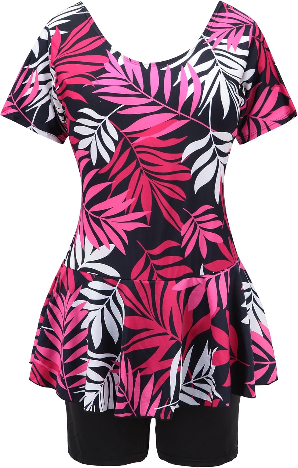 Women's One Piece Swim Dress Modest Swimsuit Floral Leaf Print Short Sleeve Swimwear
