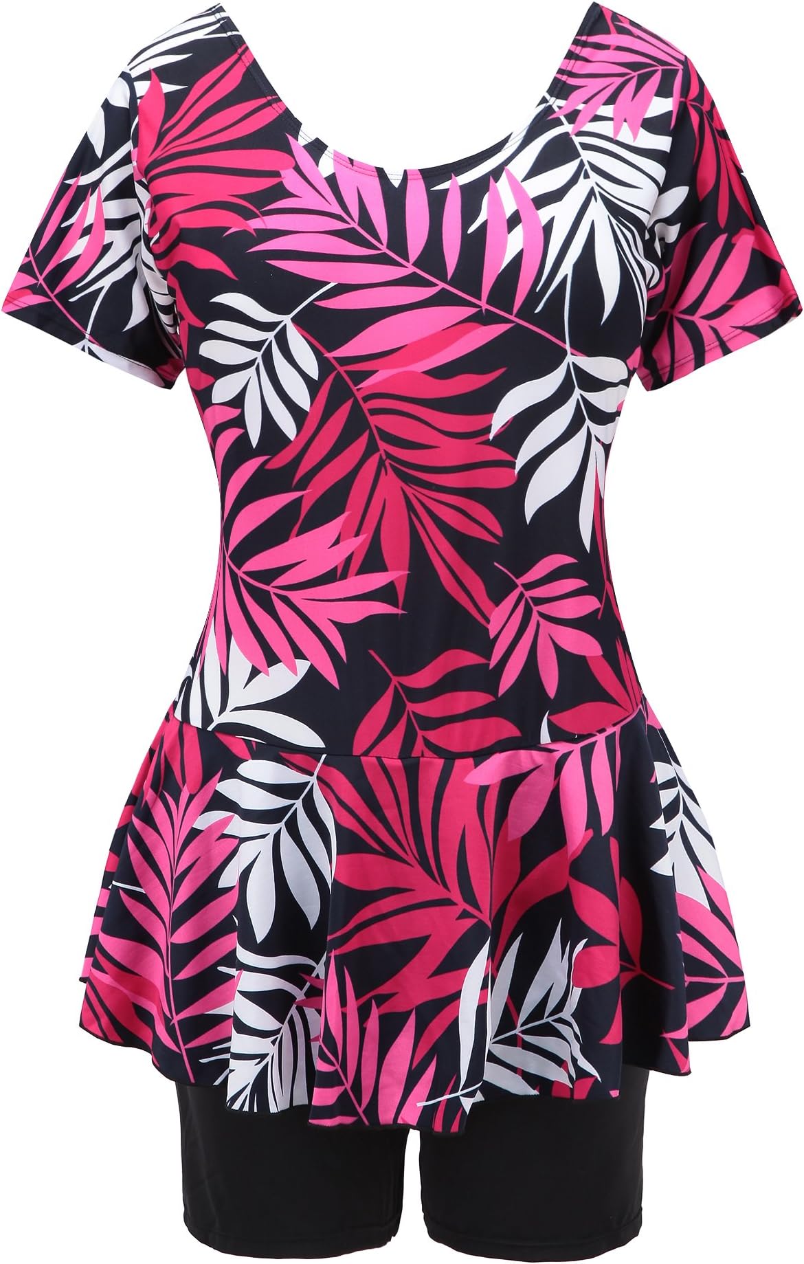 Women's One Piece Swim Dress Modest Swimsuit Floral Leaf Print Short Sleeve Swimwear
